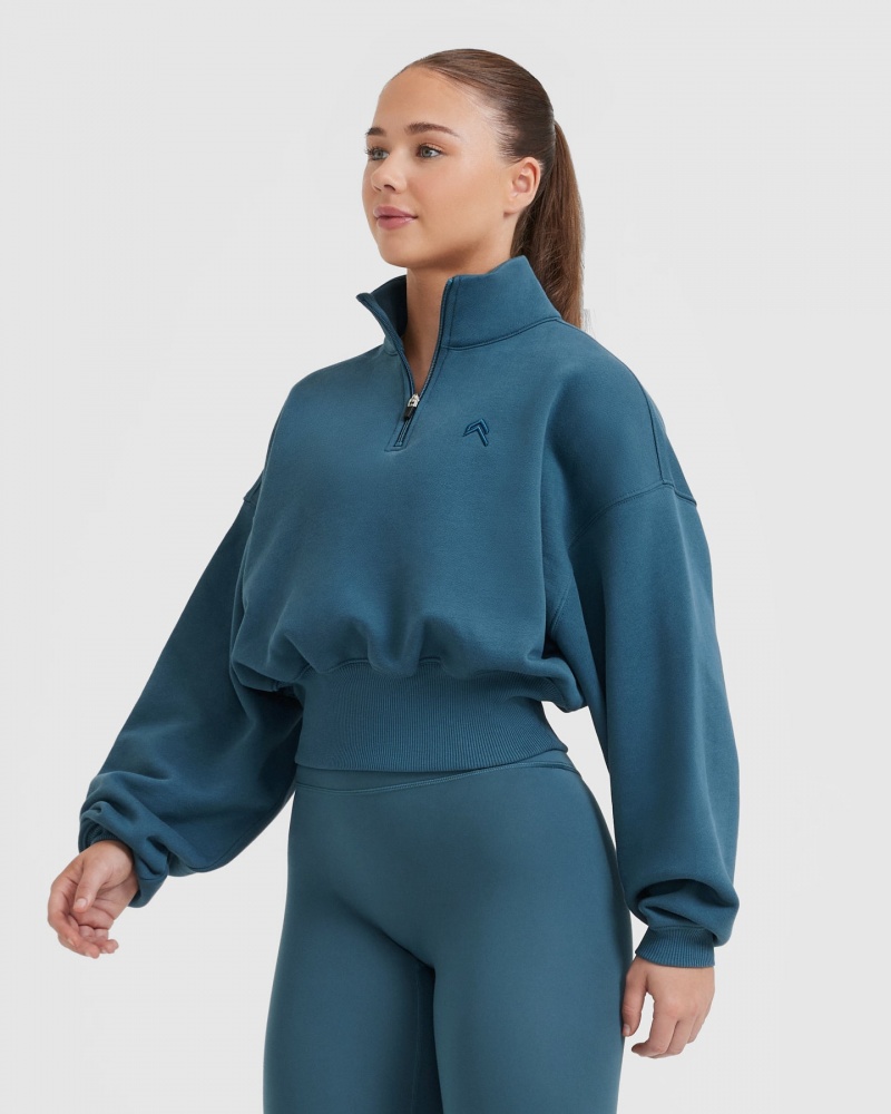 Oner Active All Day Crop 1/4 Zip Sweatshirts Blau | PDZLSHN-28