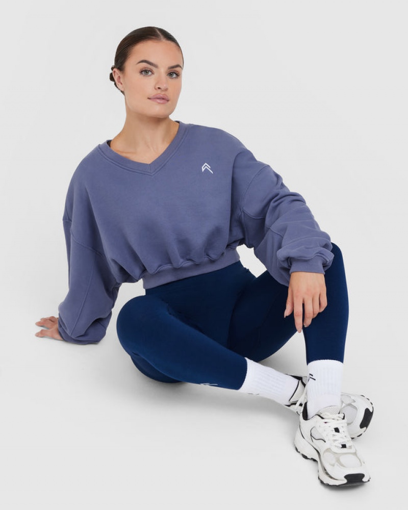 Oner Active All Day Laufschuhe Oversized V-Neck Sweatshirts Blau | THQZEFJ-69