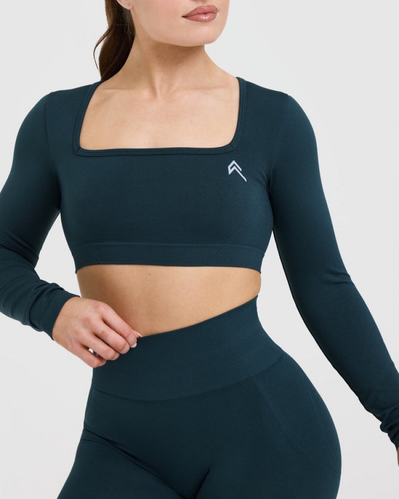 Oner Active Effortless Square Neck Crop Long Sleeve T-shirts Blau | CDRWUQO-28