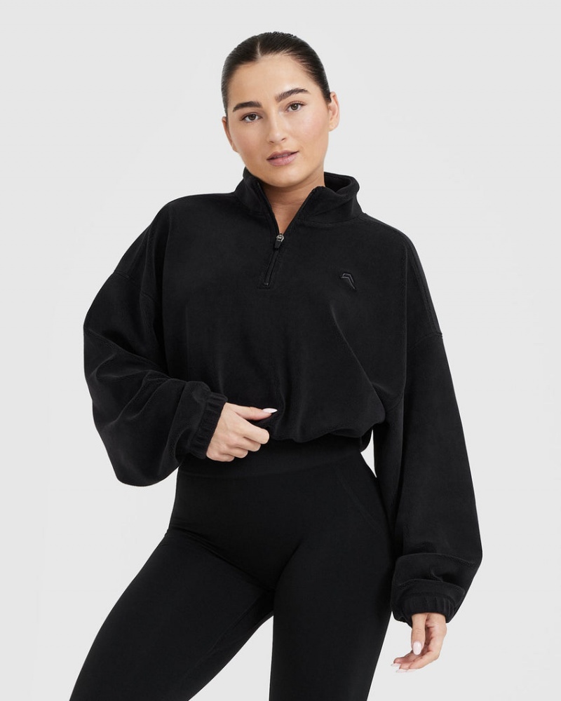 Oner Active Fleece Oversized Crop 1/2 Zip Sweatshirts Schwarz | PRCLKFT-48