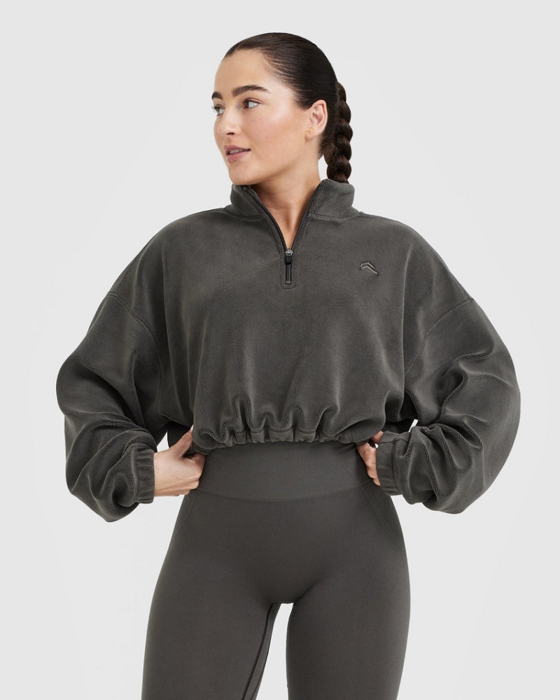 Oner Active Fleece Oversized Crop 1/2 Zip Sweatshirts Tiefesgrau Braun | RFNCYEU-41