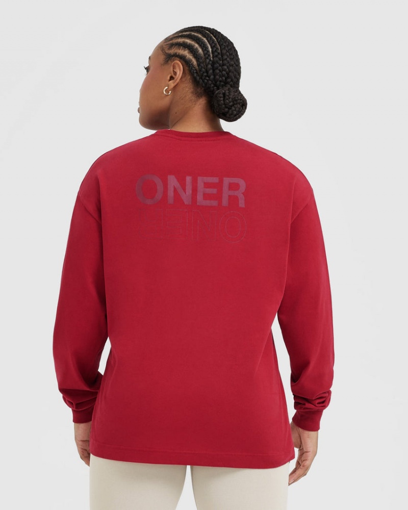 Oner Active Klassische Mirror Graphic Oversized Long Sleeve T-shirts Rot Bordeaux | LHUTWCG-46