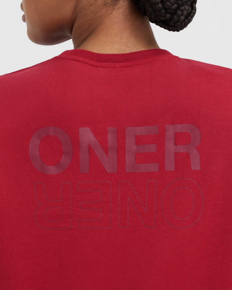 Oner Active Klassische Mirror Graphic Oversized Long Sleeve T-shirts Rot Bordeaux | LHUTWCG-46