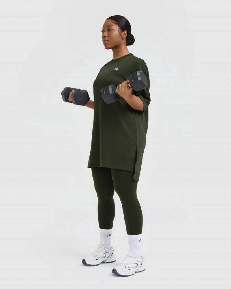 Oner Active Klassische Oversized Longline T-shirts Khaki | UPAZDJC-30